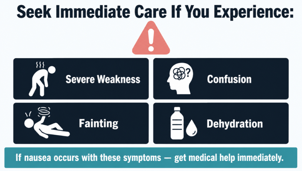 Seek immediate care if nausea or vomiting occurs